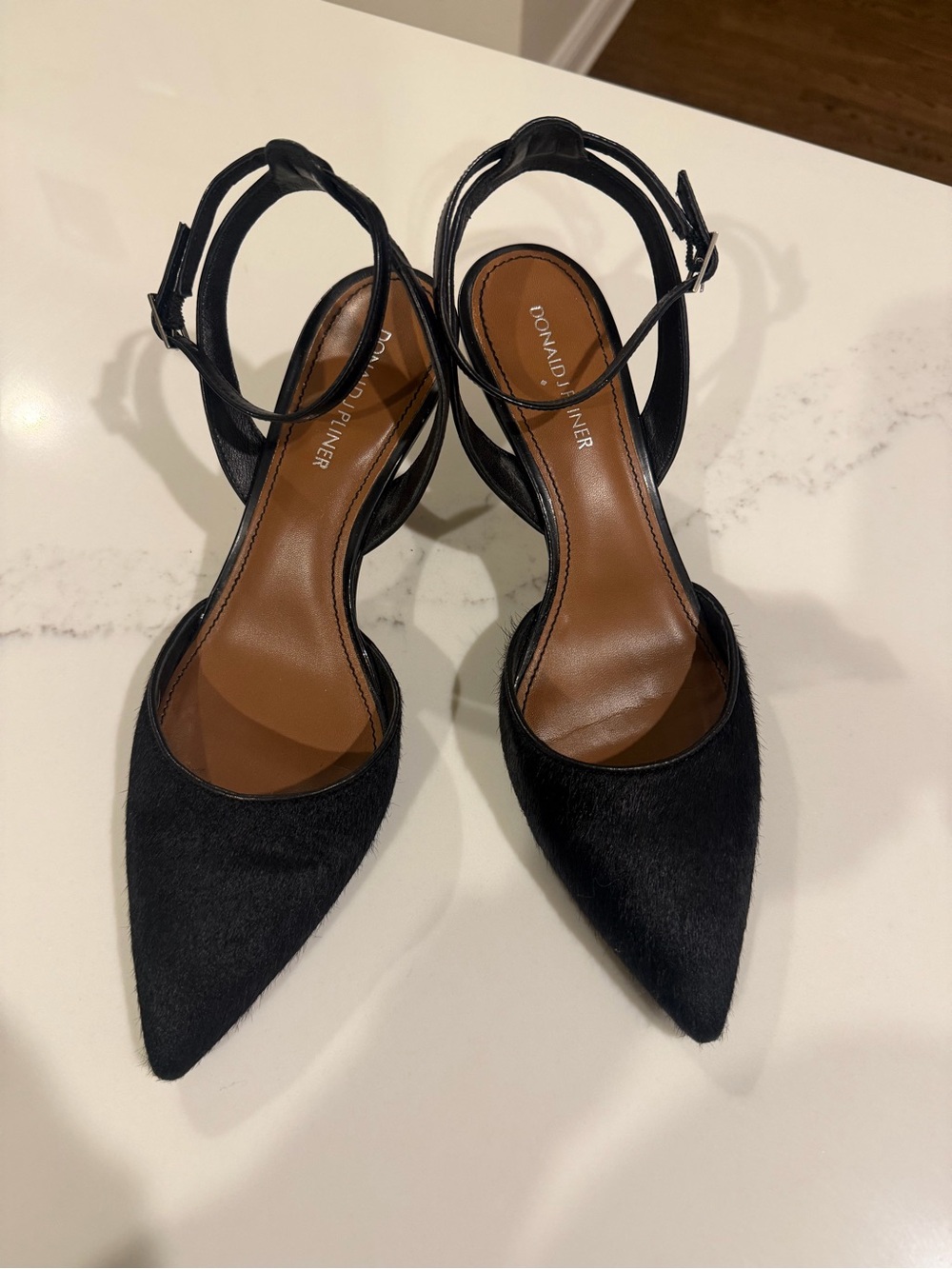 Donald J. Pliner Black Pointed-Toe Ankle-Strap Pumps with Haircalf Detail